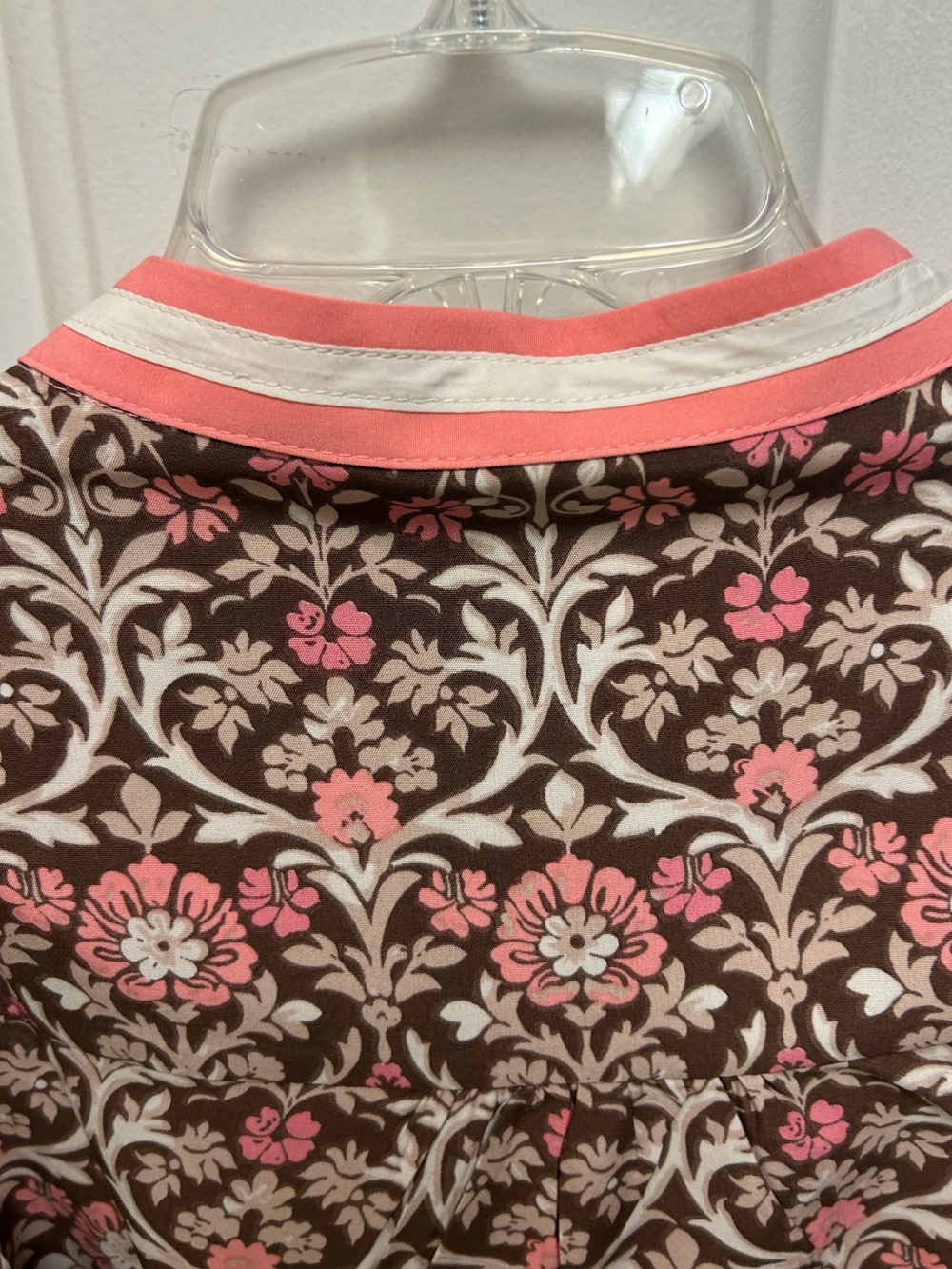 Mary Square Coral & Brown Floral Top with Coral & White Banded Neckline - Picture 7 of 16